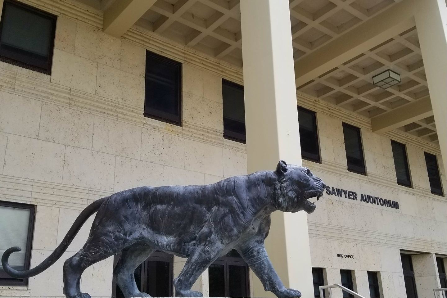 Tiger sculpture outside the Granville M. Sawyer Auditorium
